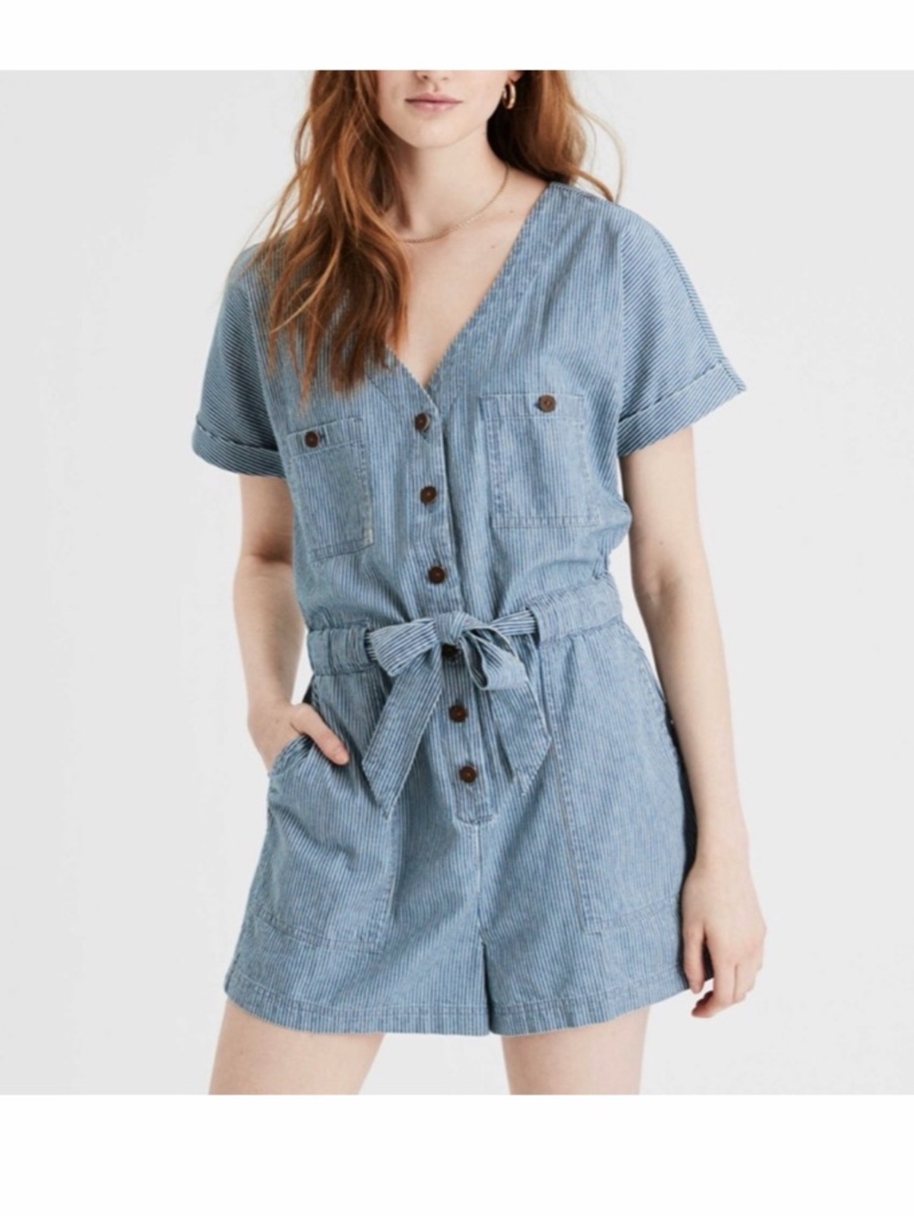 American Eagle Boho Utility Pin Strip Denim Romper Cotton size XL